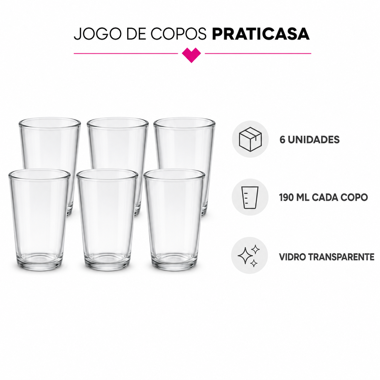 Jogo de Copos de Vidro 190ml 6 Unidades