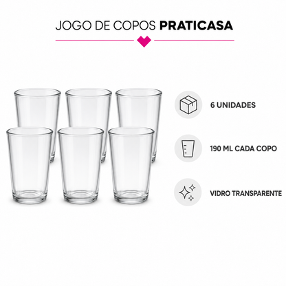 Jogo de Copos de Vidro 190ml 6 Unidades