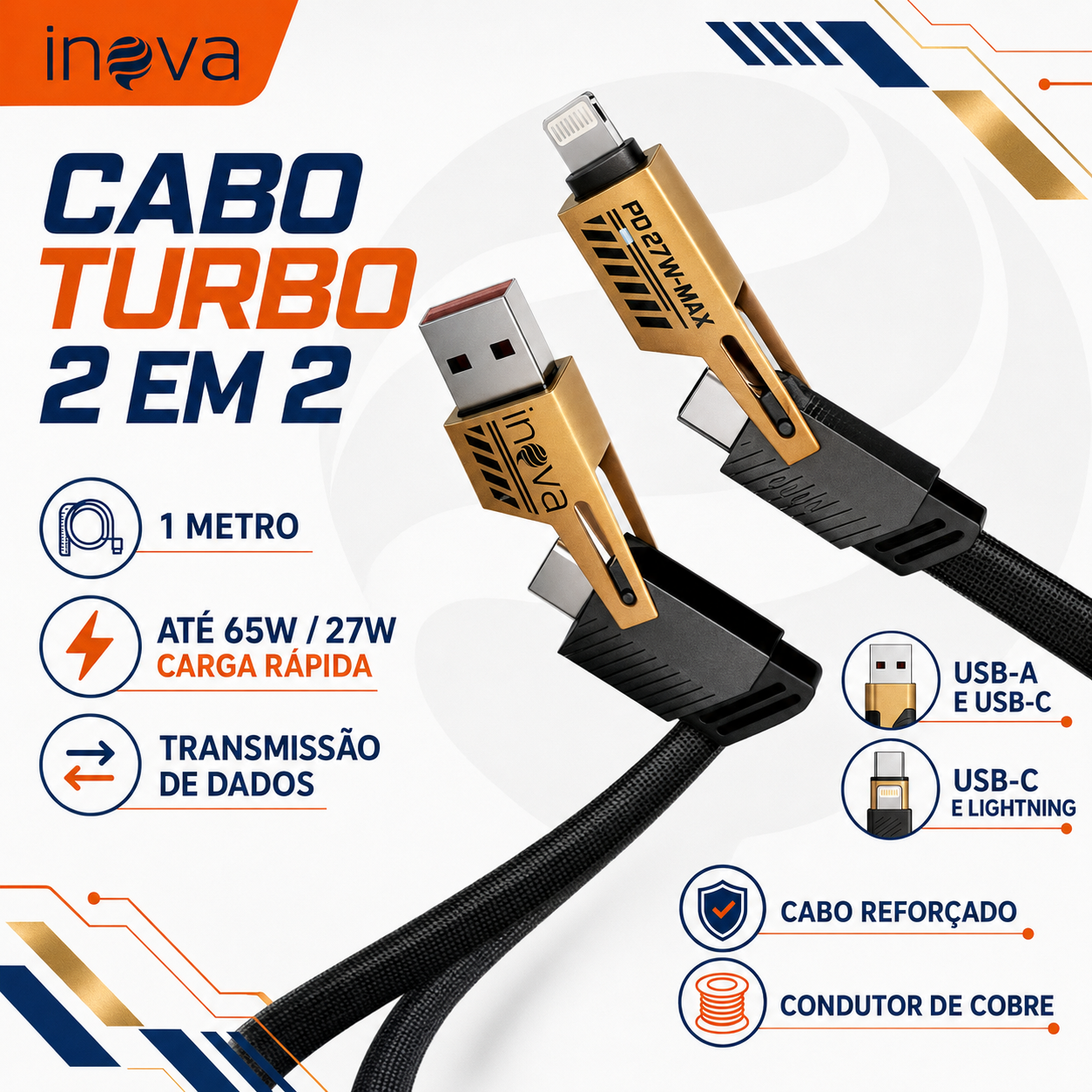 Cabo Multi Ponteira 2 em 2 USB-C e Lightning | Casa do Cofrinho