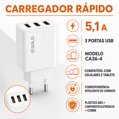 Carregador Rápido 5,1A 3 USB | Casa do Cofrinho